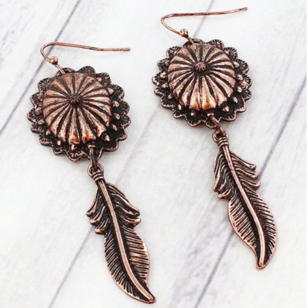 Burnished Coppertone Concho Dangle Feather Earring